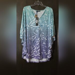 Lily by Firmiana Teal-to-Blue Leaf Print Poncho Top HI--LO Womens Size 3XL
